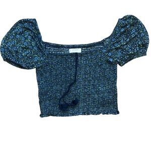 Lucky Brand Crop Top Smocked Womens Medium Navy Square Neck Off Shoulders Boho